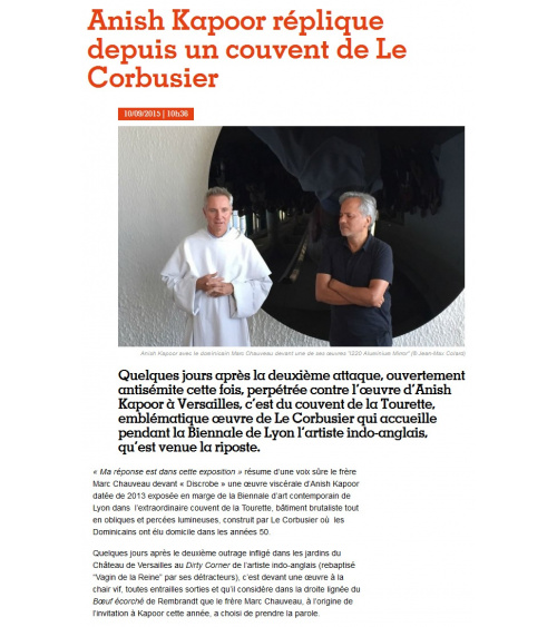 Les Inrocks - Anish Kapoor réplique depuis un couvent de Le Corbusier (10.09.2015)