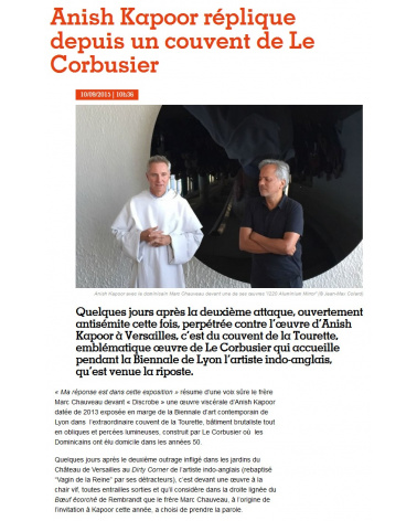 Les Inrocks - Anish Kapoor réplique depuis un couvent de Le Corbusier (10.09.2015)